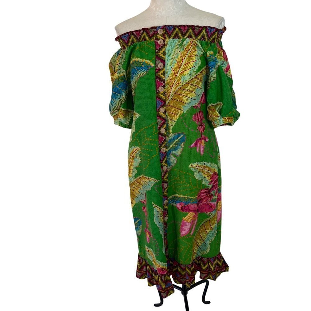 Farm Rio Womens Dress Size XS Green Off The Shoulder Tropical Midi Button Up